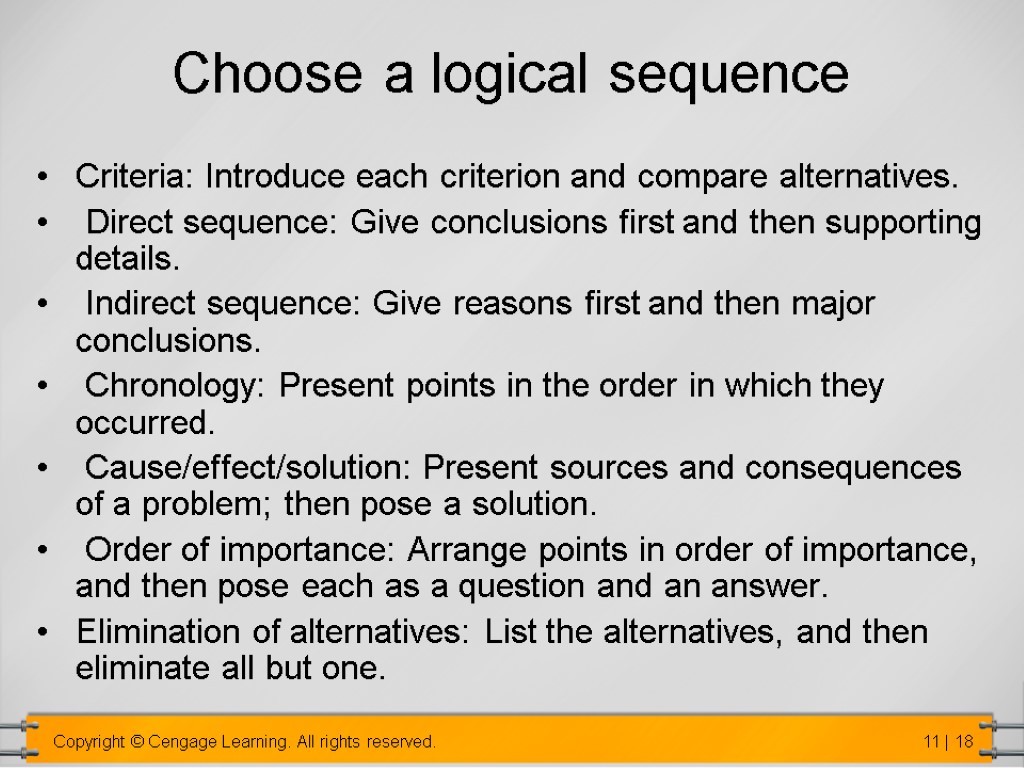 Choose a logical sequence Criteria: Introduce each criterion and compare alternatives. Direct sequence: Give